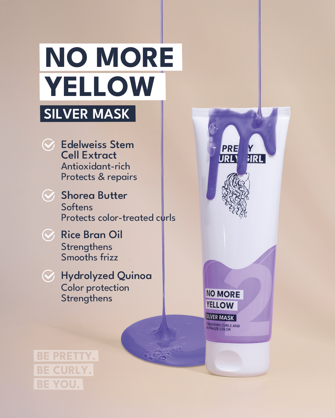 No More Yellow Silver Mask | Pretty Curly Girl | Curly girl method approved | Vegan curly hair products | Krullen | Krullend haar | Silver mask for blonde and grey curls | Haarmasker tegen gele tinten | Curly girl approved